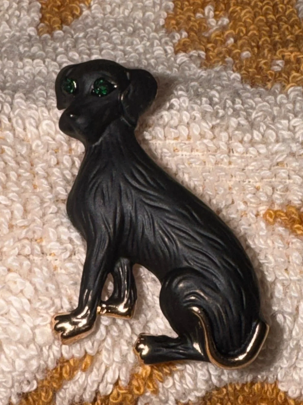 Hound Puppy Matte Black with Gold Accents w/ Crystal Green Eyes Pet Brooch